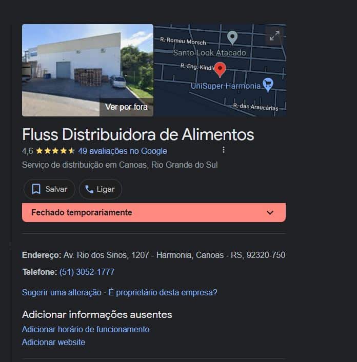 Fluss Distribuidora de Alimentos ainda consta como temporariamente fechada (Foto Reprodução/Google)