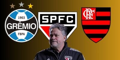 Casares e escudos de Grêmio, São Paulo e Flamengo  (Foto - Montagem TV Foco).