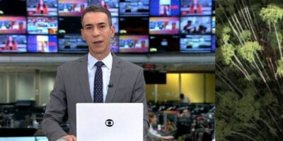 César Tralli no Jornal Hoje e destroços de aeronave de pequeno porte (Foto: Reprodução / Globo)