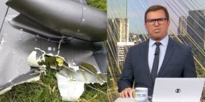 Destroços da aeronave e Rodrigo Bocardi no Bom Dia São Paulo (Fotos: Reproduções / Redes sociais / Globo)