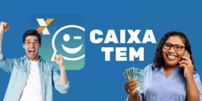 Homem comemorando, logo do Caixa Tem e mulher segurando notas de cem reais (Fotos: Reproduções / Internet / Freepik)