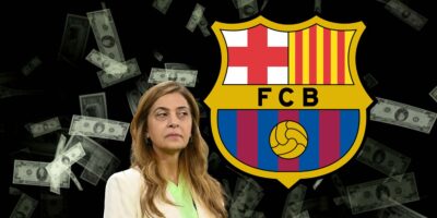 Leila, presidentes de Palmeiras, e escudo do Barcelona (Foto - Montagem TV Foco).