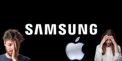 Logo da Samsung, da Apple e pessoas tristes com fim de serviço - Foto Reprodução Internet