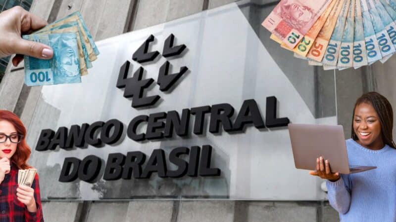 Logo do Banco Central e pessoas com dinheiro - Foto Reprodução Internet