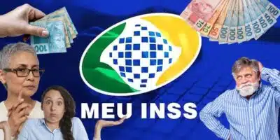 Logo do INSS e pessoas com dúvida - Foto Reprodução Internet