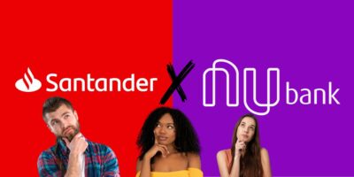 Logo do Santander, do Nubank e pessoas em duvida - Foto Reprodução Internet