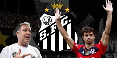 Marcelo Teixeira, Rodrigo Caio e escudo do Santos (Foto - Montagem TV Foco).