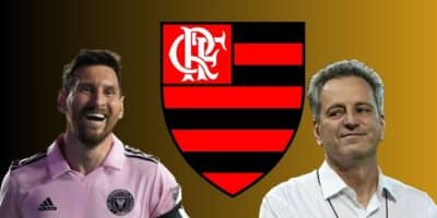 Messi, Landim e escudo do Flamengo (Foto - Montagem TV Foco).