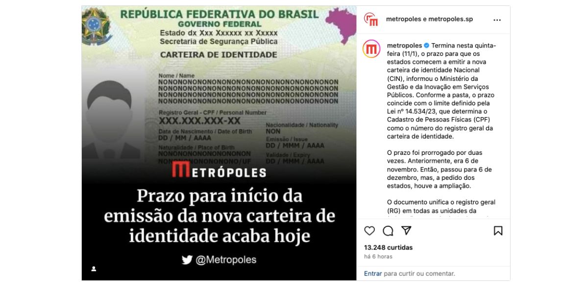 Notícia Metrópoles (Foto: Reprodução / Instagram)