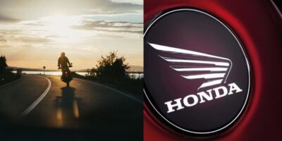 Pessoa dirigindo moto / Logo da Honda  - Montagem TVFOCO