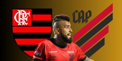 Vidal e escudos do Flamengo e Athletico-PR (Foto - Montagem TV Foco).