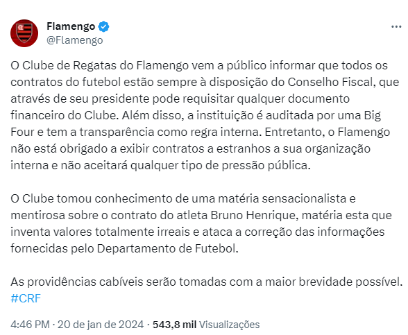 Nota do Flamengo (Foto: Divulgação)