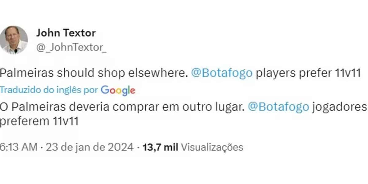 Resposta do dono do Botafogo ao desejo do Palmeiras (Reprodução: X)