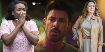 Jussara, Caio e Agatha em Terra e Paixão (Foto: Reprodução / Globo / Montagem TV Foco)