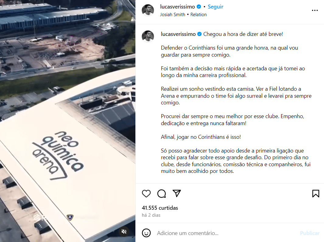 Lucas Veríssimo se despede do Corinthians em publicação no Instagram - (Foto: Reprodução / Instagram)