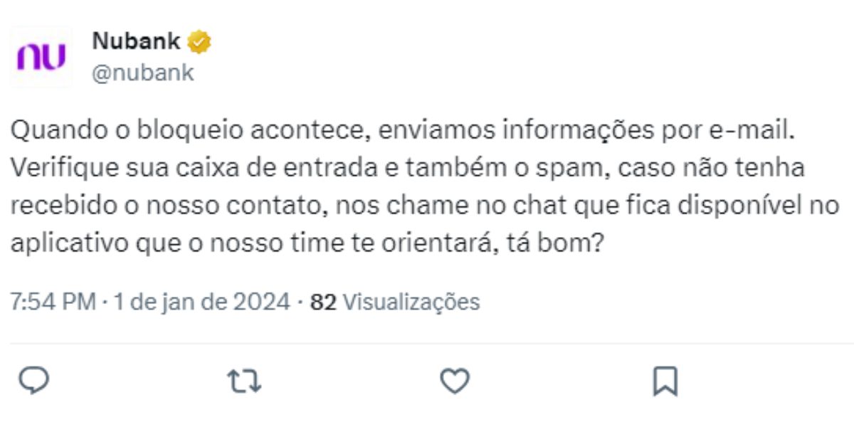 Comunicado do banco em relação as contas bloqueadas (Reprodução: X)