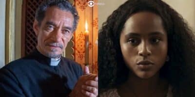 Padre Santo (Chico Diaz) e Maria Santa (Duda Santos) em Renascer (Foto: Reprodução / Globo / Montagem TV Foco)