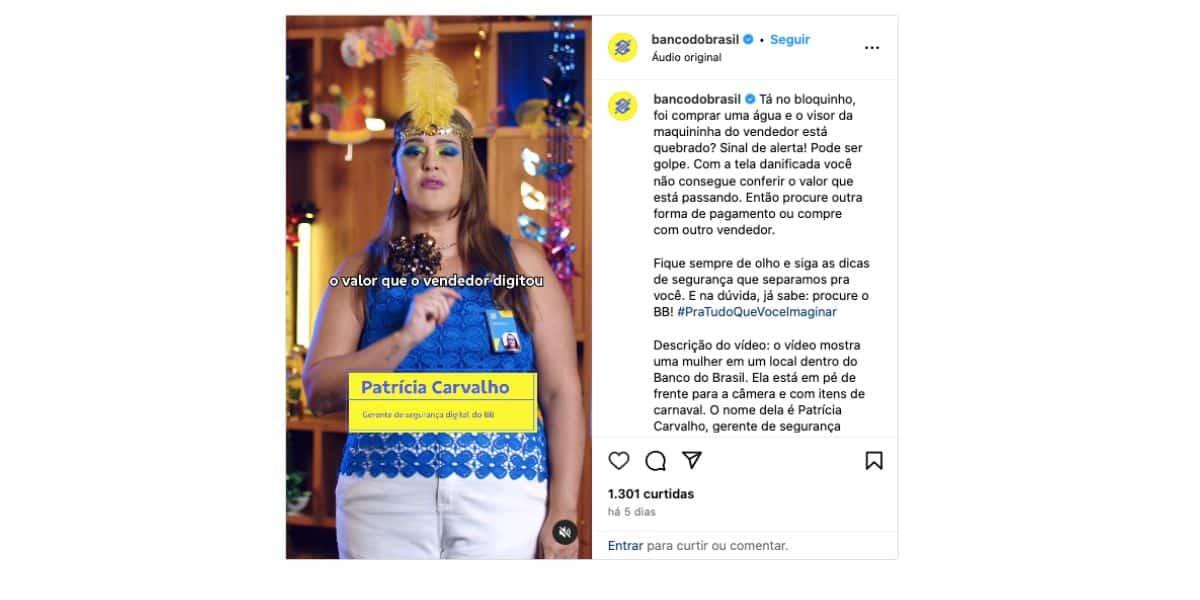 Alerta de Patrícia Carvalho, gerente de segurança digital do Banco do Brasil (Foto: Reprodução / Instagram) 