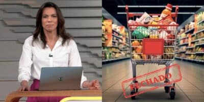 Ana Paula Araújo no Bom Dia Brasil, supermercado e placa de fechado (Fotos: Reproduções / Globo / Freepik)