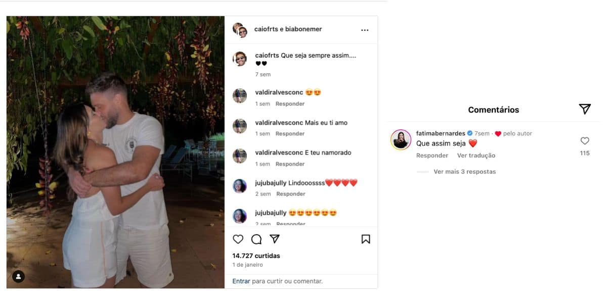 Bia Bonemer e Caio Freitas, e comentário de Fátima Bernardes (Foto: Reprodução / Instagram)