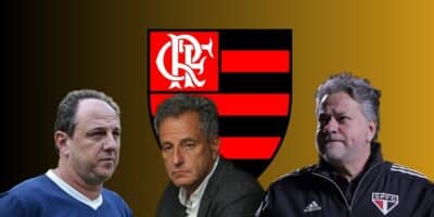 Ceni, Casares, Landim e escudo do Flamengo (Foto - Montagem TV Foco).