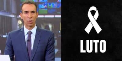 César Tralli durante o Jornal Hoje e imagem de luto (Fotos: Reproduções / Globo / Canva)