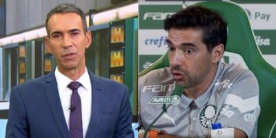 César Tralli no Jornal Hoje e Abel Ferreira durante coletiva (Fotos: Reproduções / Globo)