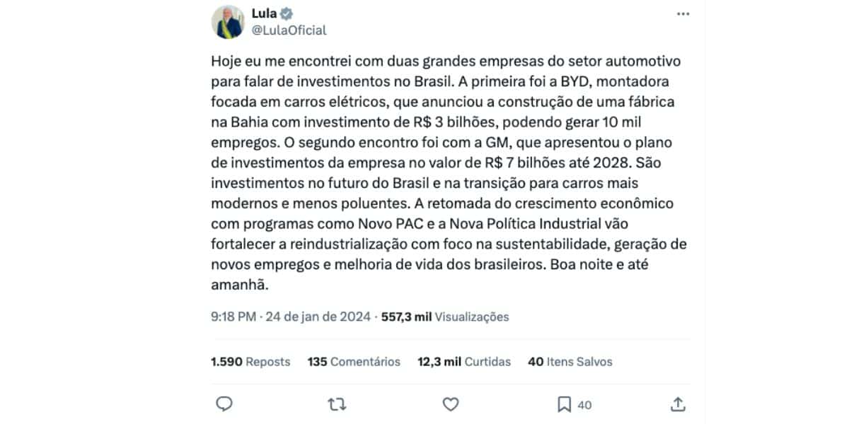 Comunicado de Lula (Foto: Reprodução / Twitter)