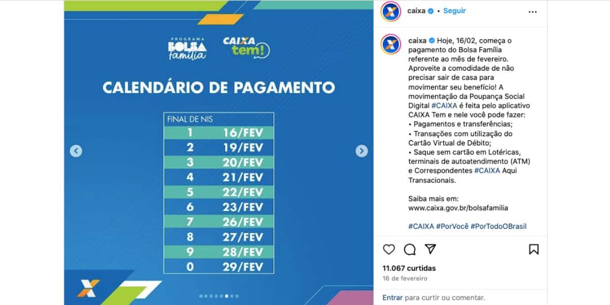 Data do Bolsa Família de fevereiro (Foto: Reprodução / Instagram)