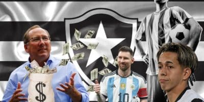 John Textor e bandeira do Botafogo, Messi e Segovinha - Foto Reprodução Internet