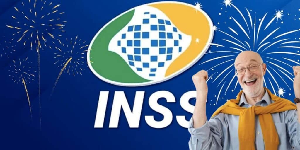 Logo do INSS, fogos de artifício e idoso celebrando (Fotos: Reproduções / Internet / Freepik)