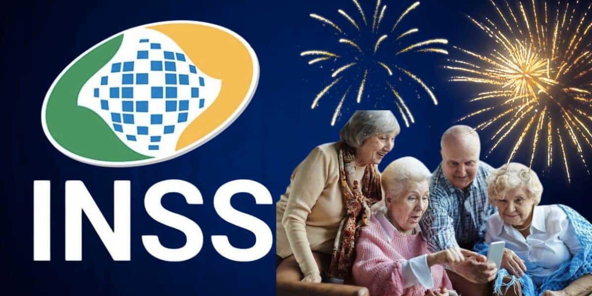 Logo do INSS, fogos de artifício e idosos (Fotos: Reproduções / Internet / Freepik)