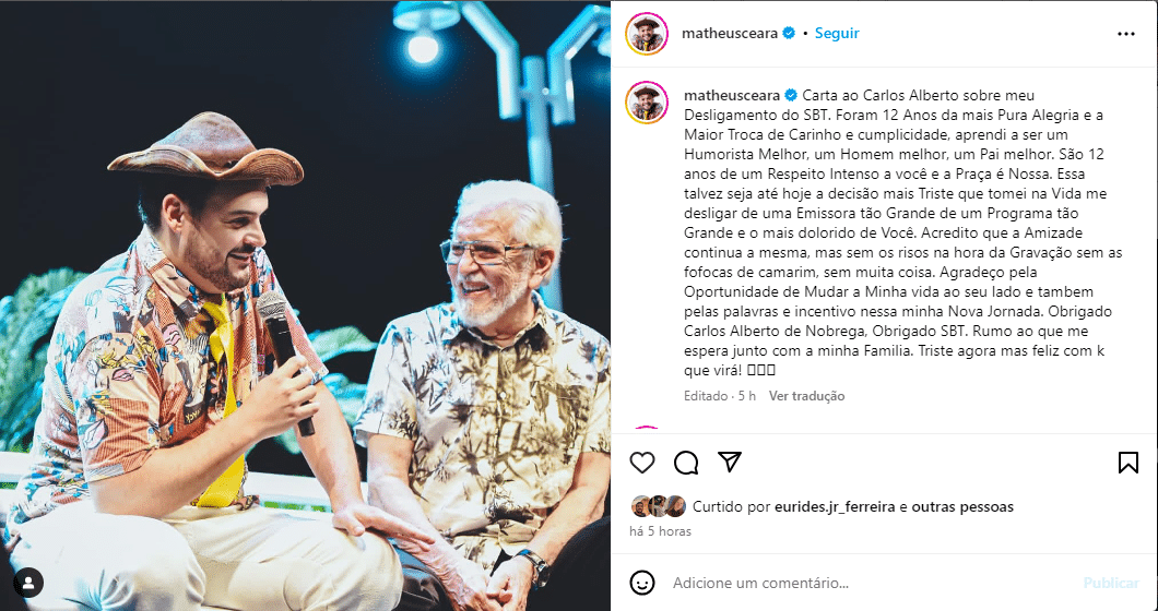 Post de Matheus Ceará nas redes sociais - Foto: Instagram