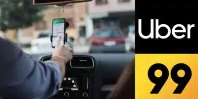 Motorista de aplicativo e logo da Uber e 99 (Fotos: Reproduções / Freepik  / Internet) 