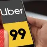 Mulher chocada e aplicativo com logo da Uber e 99 (Fotos: Reproduções / Freepik / Internet) 