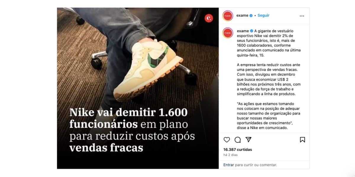 Notícia da Nike (Foto: Reprodução / Instagram) 