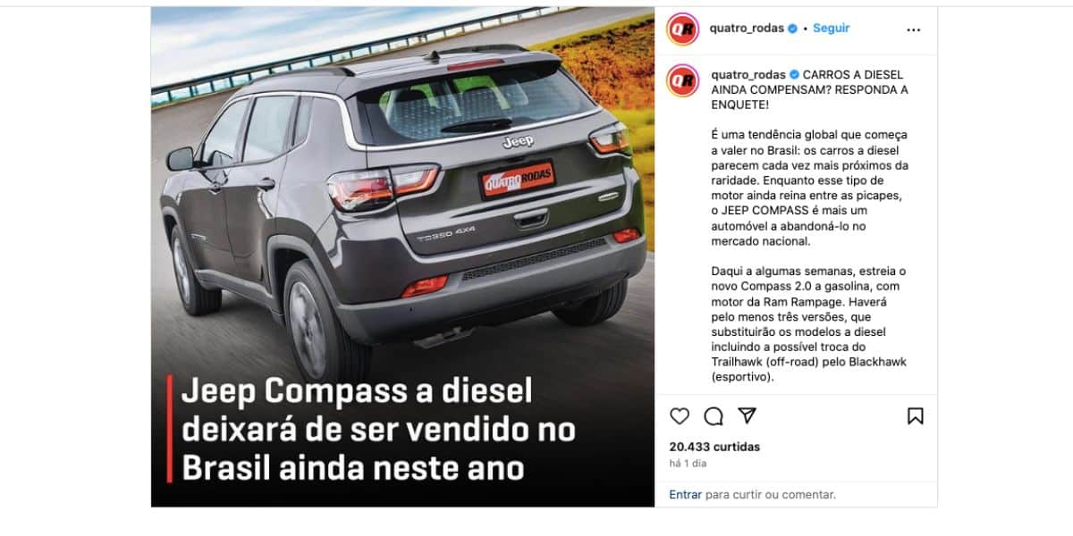 Notícia sobre o Jeep Compass a diesel (Foto: Reprodução / Instagram) 
