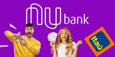 Pessoas com dinheiro, logo do Nubank e do Itaú - Foto Reprodução Internet