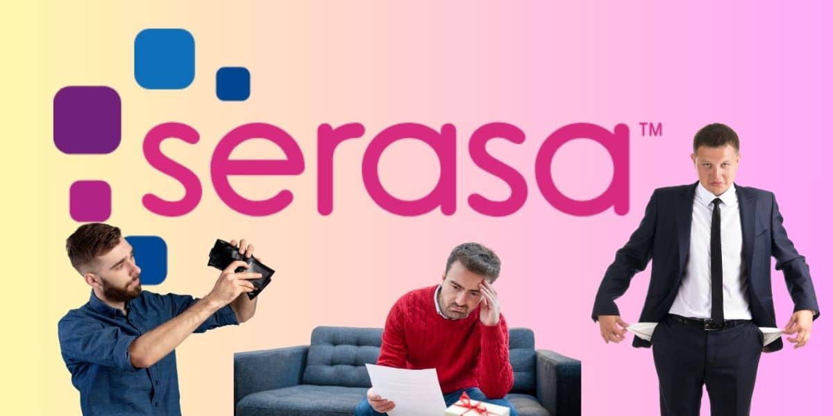 Pessoas com dívida e logo do Serasa - Foto Reprodução Internet