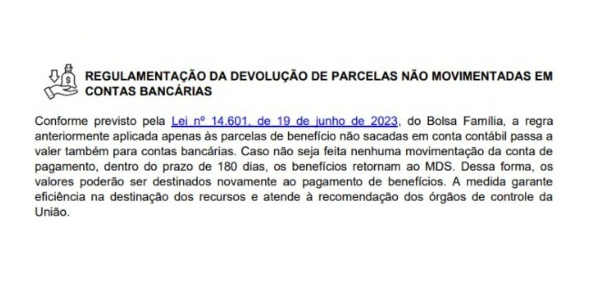 Regulamentação da devolução de parcelas não movimentas em contas bancárias (Foto: Reprodução / MDS) 