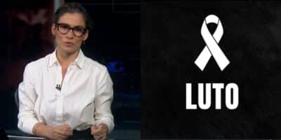 Renata Vasconcellos durante o Jornal Nacional e imagem de luto (Fotos: Reproduções / Globo / Canva)