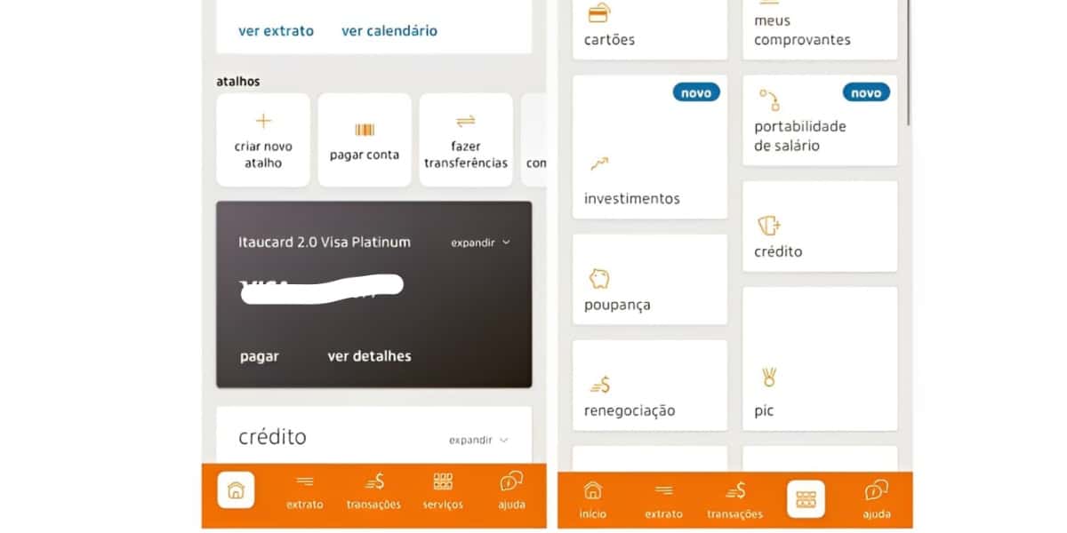 Tela inicial e Produtos do aplicativo do banco Itaú (Foto: Reprodução/ Internet)