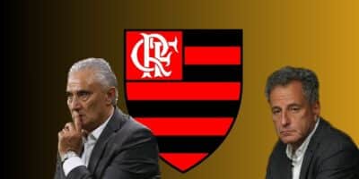 Tite, Landim e escudo do Flamengo (Foto - Montagem TV Foco)