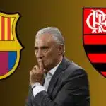 Tite e escudos do Flamengo e do Barcelona (Foto - Montagem TV Foco).