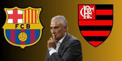 Tite e escudos do Flamengo e do Barcelona (Foto - Montagem TV Foco).