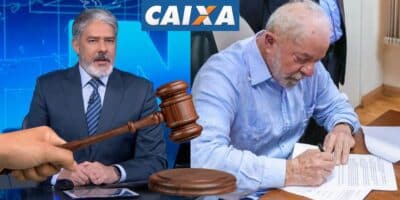 William Bonner, Lula, logo da Caixa e martelo de juiz com nova lei - Foto Reprodução Internet