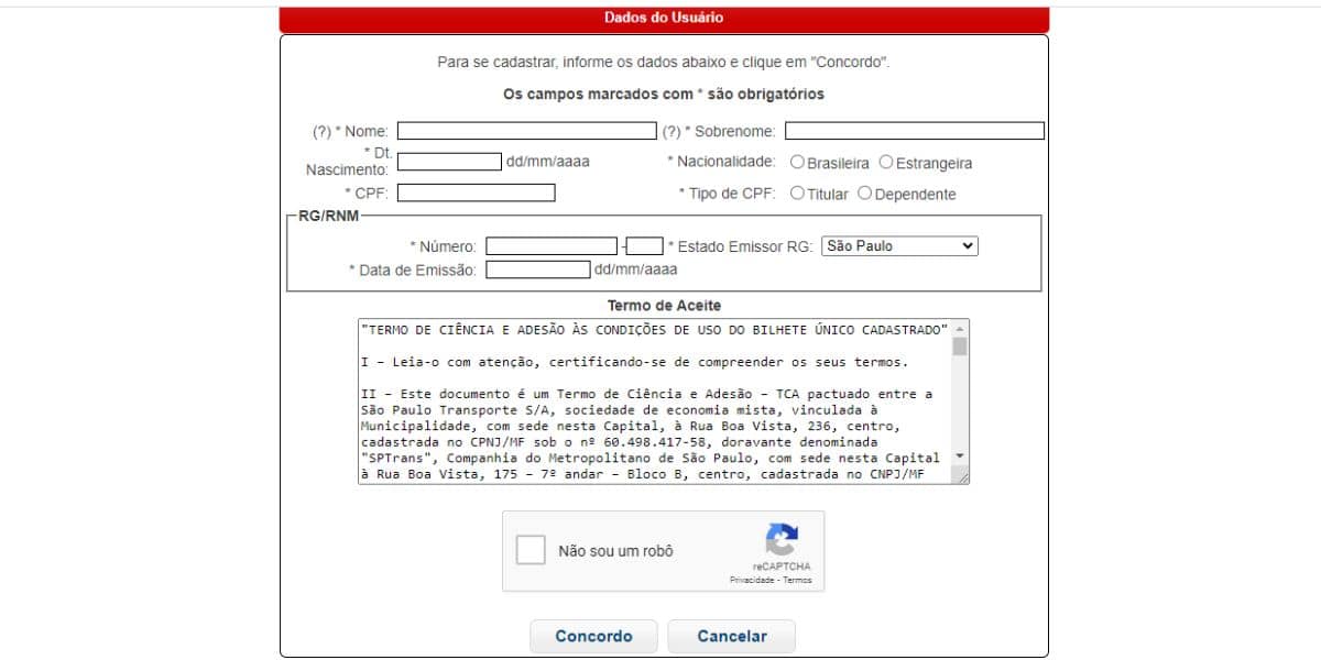 Formulário do Bilhete Único da SPTrans. (Foto: Reprodução / Internet)