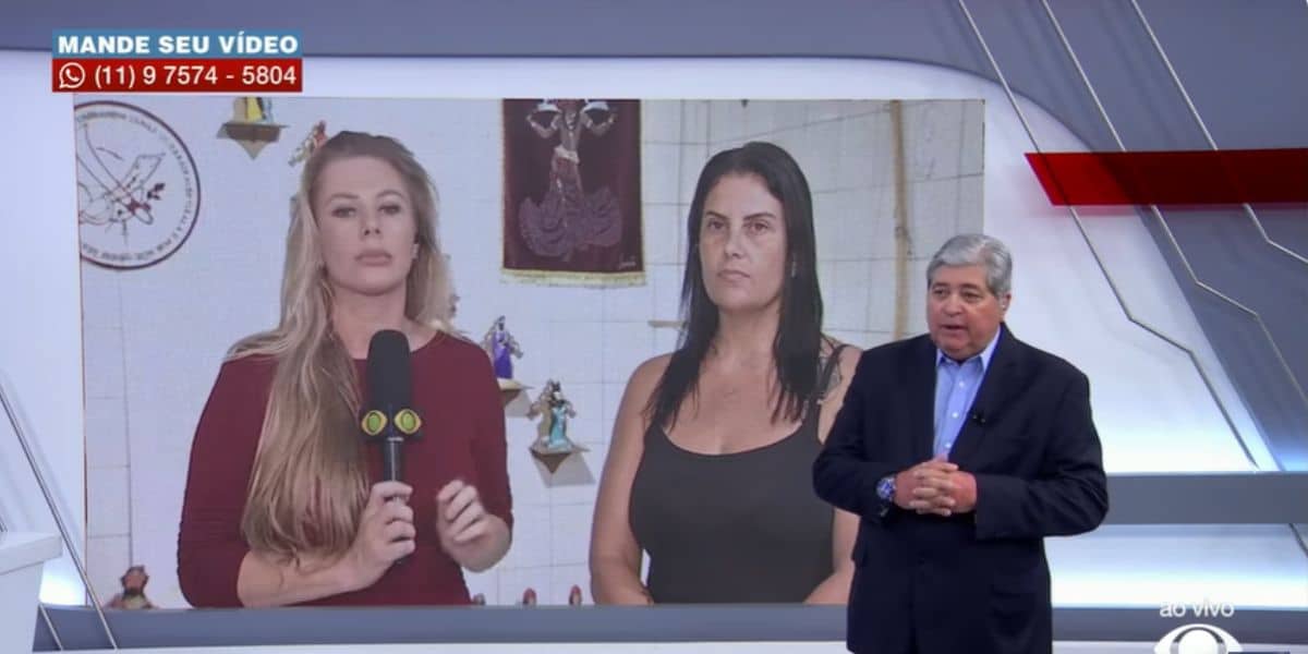 DAtena entrevistou a esposa do policial que foi morto na frente da farmácia (Reprodução: Band)