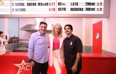 Edu Guedes, Ana Hickmann e Caio na inauguração da Actors Burguers (Foto: Reprodução / Folha de S.Paulo)