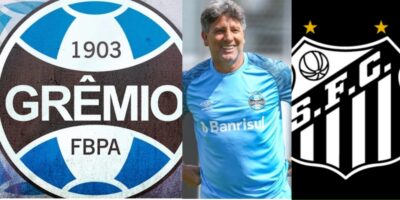 Renato Gaúcho e escudos de Grêmio e Santos - (Foto: Montagem TV Foco)